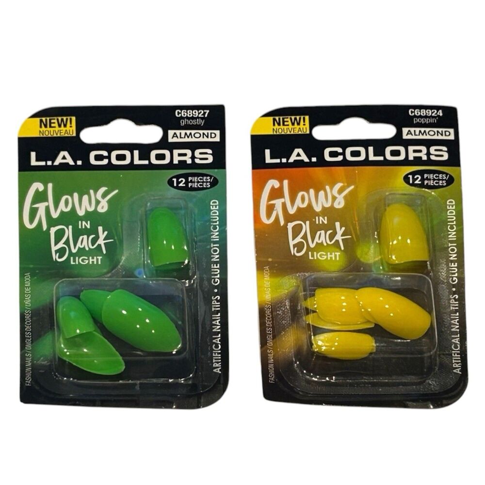 2x L.A. COLORS Glows In Black Light Artificial Nails 12ct Each Glue Not Included